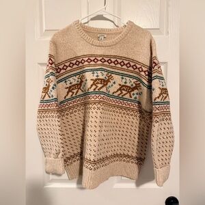 L.L. Bean Beige and Red Patterned Crewneck Sweater